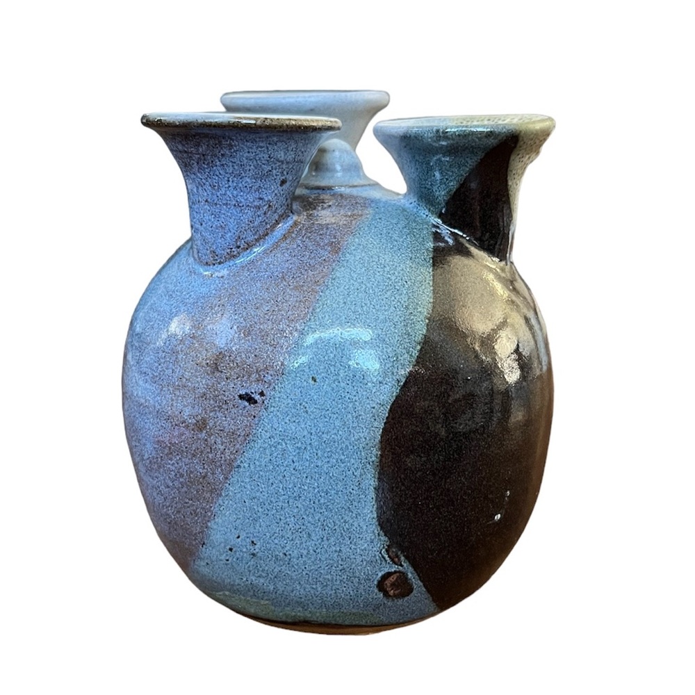 Clouds Folsom Studio Pottery Blue Gray Glazed 3-Wick Oil Lamp Bud Vase 5.5” Tall